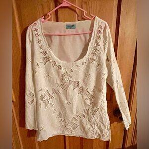 Letarte Handmade Vintage Eyelet Battenburg Lace Scoop Neck Button Cover Up M/L